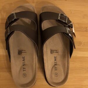 TF STAR Men's Slip On Flat Casual sandal Buckle Leather Cork Slide Men’s Sandals